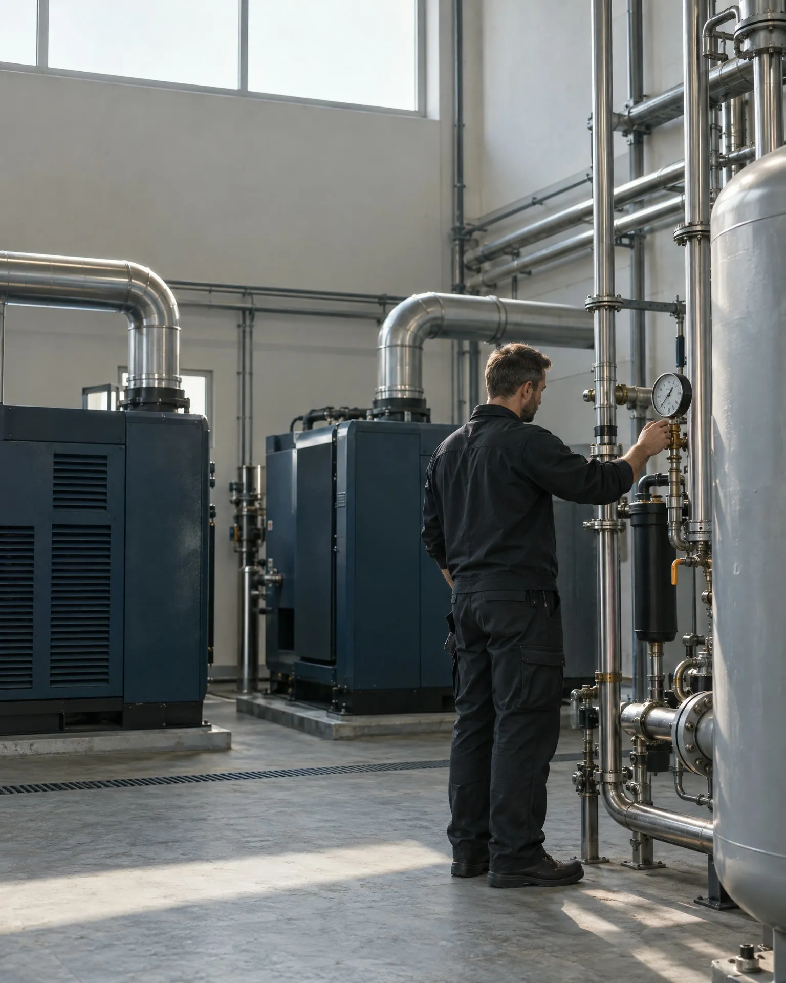 Techniker prüft ein Manometer im Kompressorraum