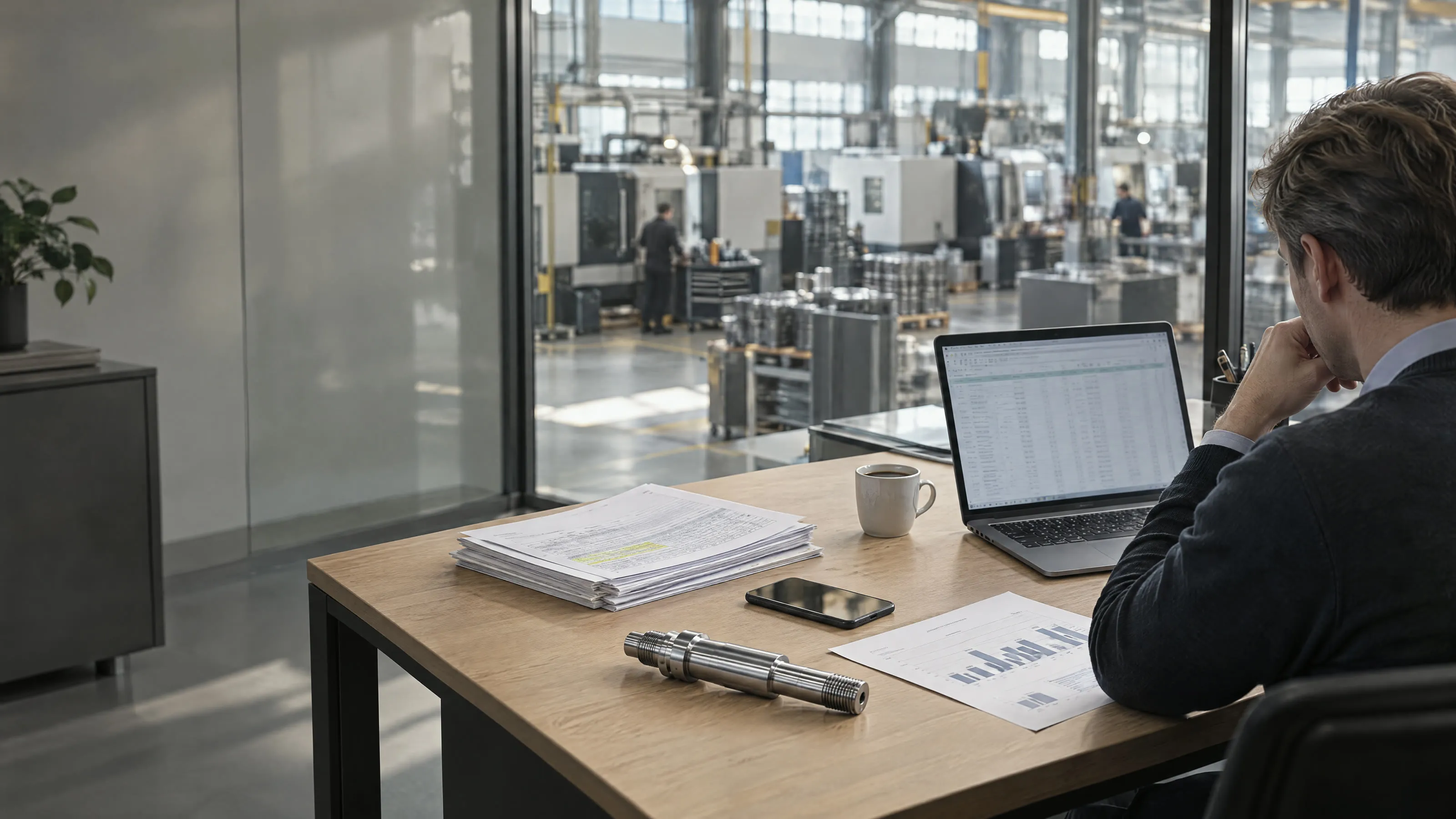 Schreibtisch eines Einkaufsleiters mit Bestelllisten, Laptop mit Tabelle, Smartphone und Foliensatz; dahinter die Fertigung