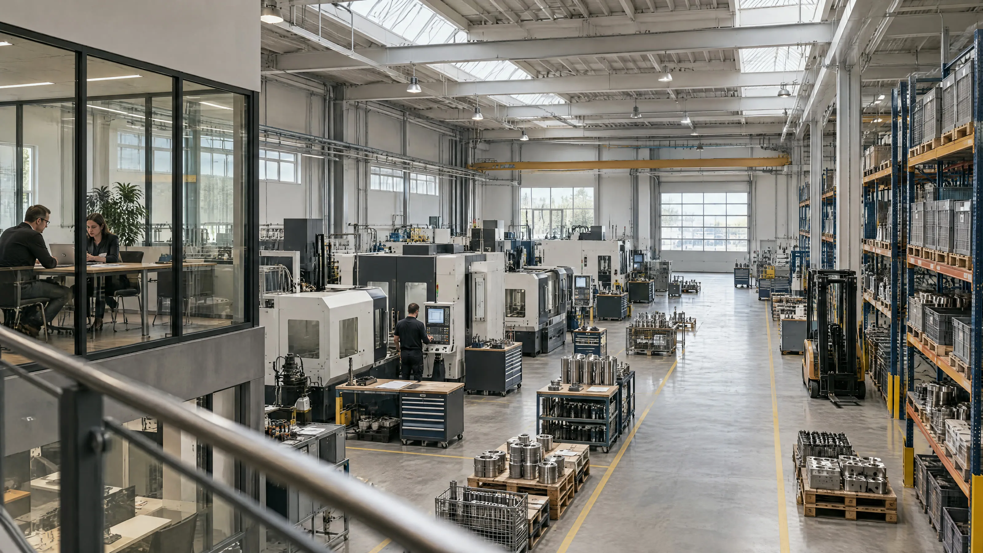 Blick von der Empore in eine Fertigungshalle: links ein Glasbüro, in der Mitte CNC-Maschinen, rechts Lagerregale
